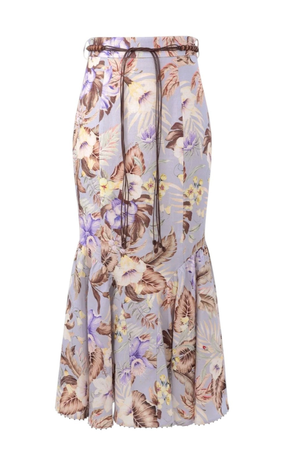 Zimmermann Coco Fit + Flare Midi Skirt | Powder Blue/Brown Floral, Belt, Linen
