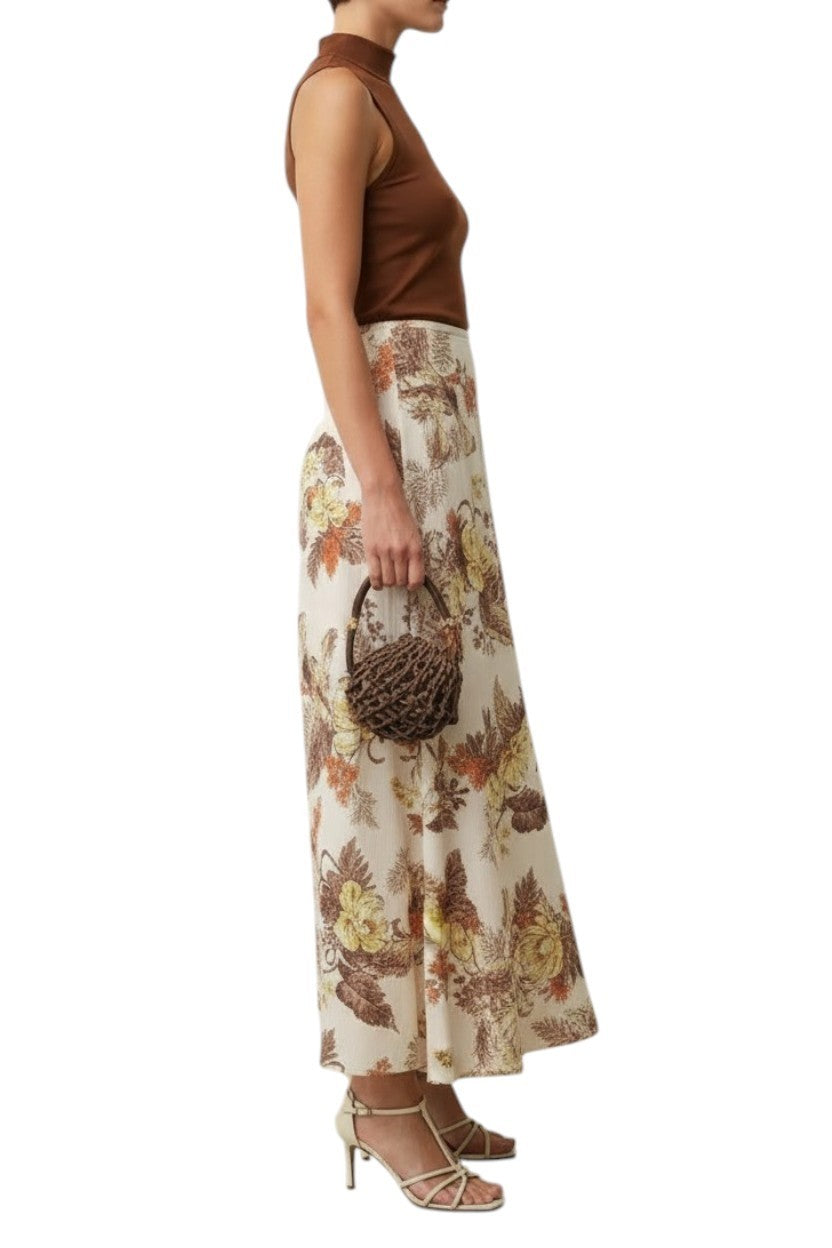 Zimmermann Matchmaker Floral Flare Skirt | White/Brown, Linen/Silk Blend, Midi
