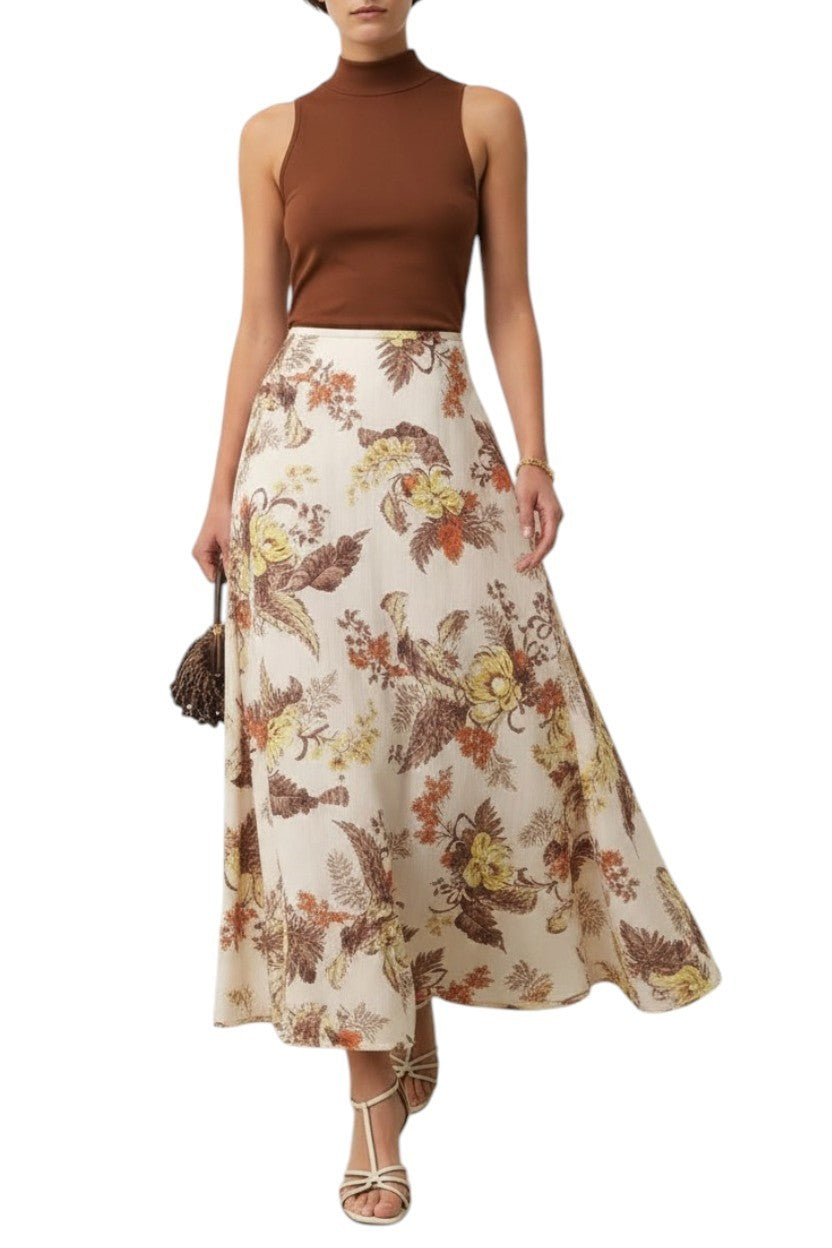 Zimmermann Matchmaker Floral Flare Skirt | White/Brown, Linen/Silk Blend, Midi