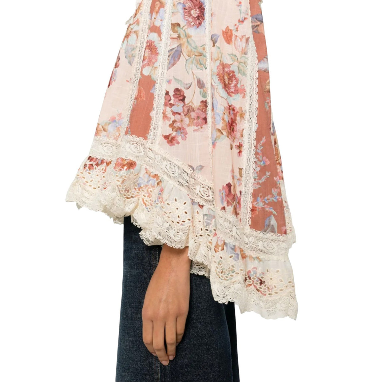 Zimmermann Awaken Lace Trim Blouse | Spliced Floral | Relaxed, Flutter Sleeve