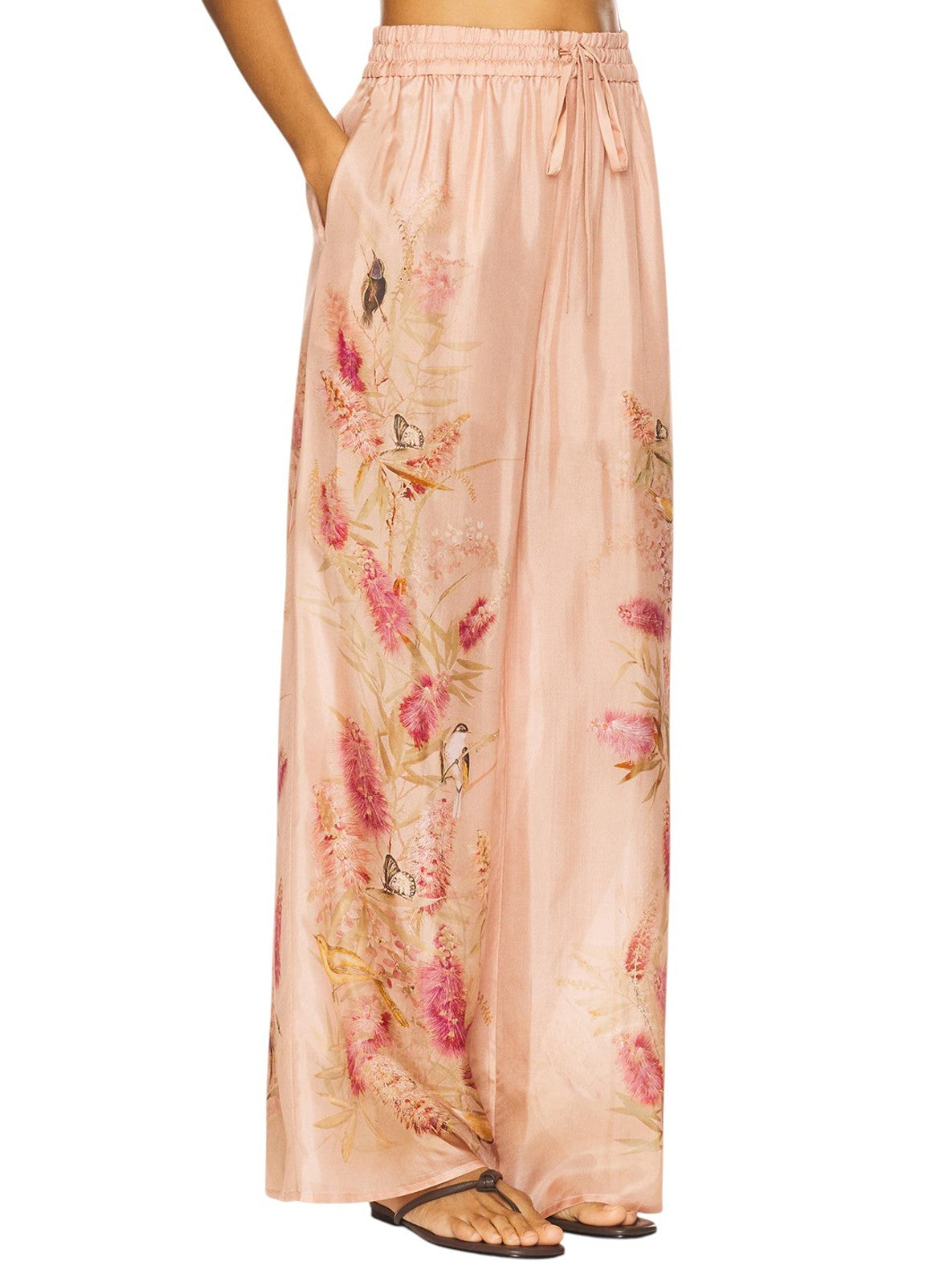 Zimmermann Cascadian Relaxed Wide Leg Pants | Pink Floral, 100% Silk, Drawstring