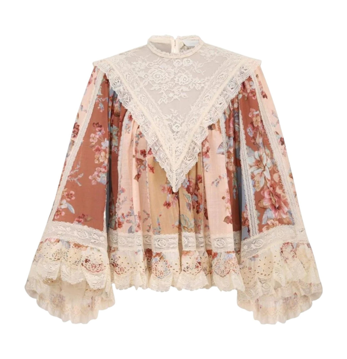 Zimmermann Awaken Lace Trim Blouse | Spliced Floral | Relaxed, Flutter Sleeve