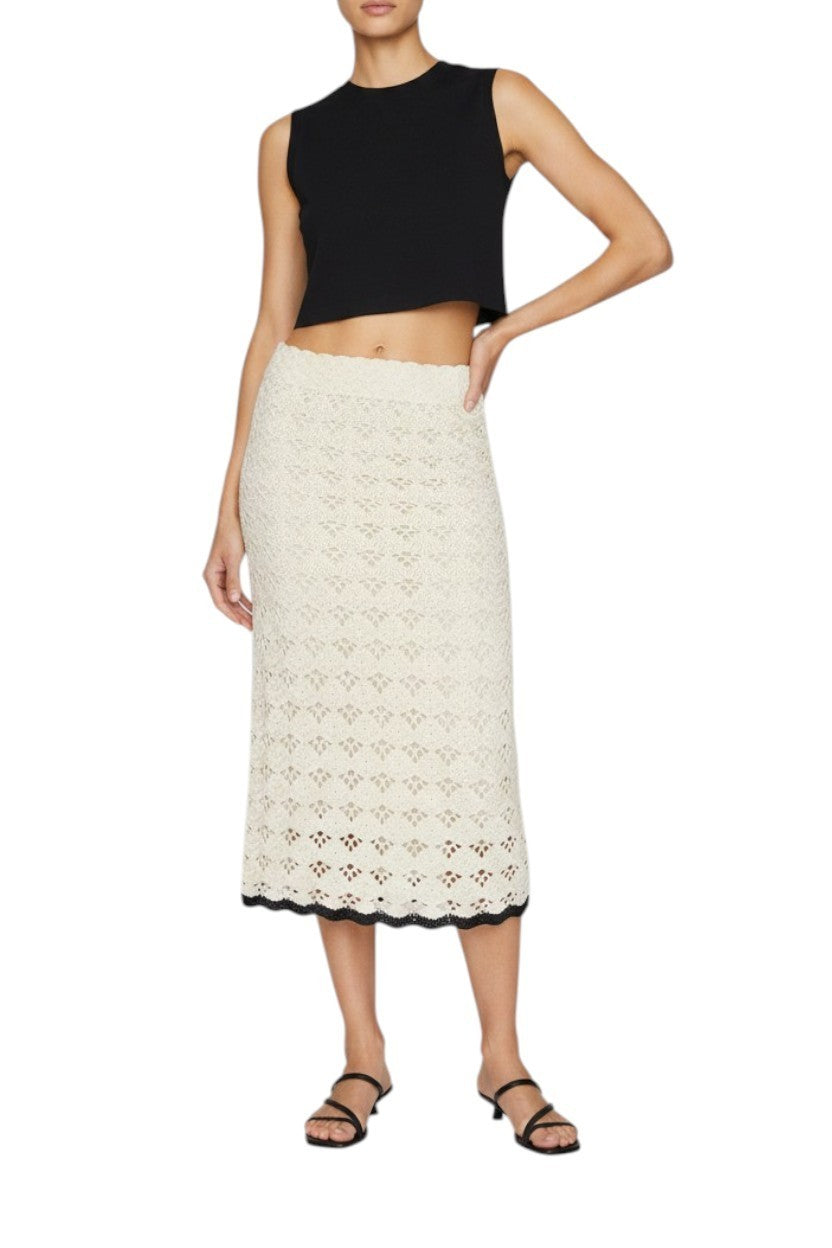 Zimmermann Rhiannon Crochet Midi Skirt |Cream/Black Trim, Stretch, Elastic Waist