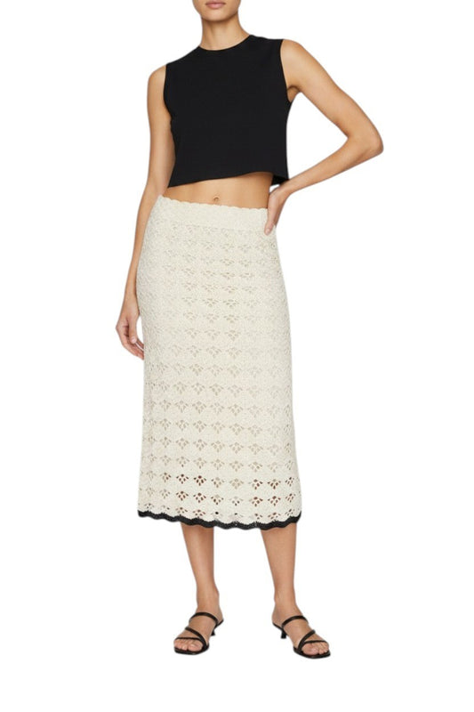 Zimmermann Rhiannon Crochet Midi Skirt |Cream/Black Trim, Stretch, Elastic Waist