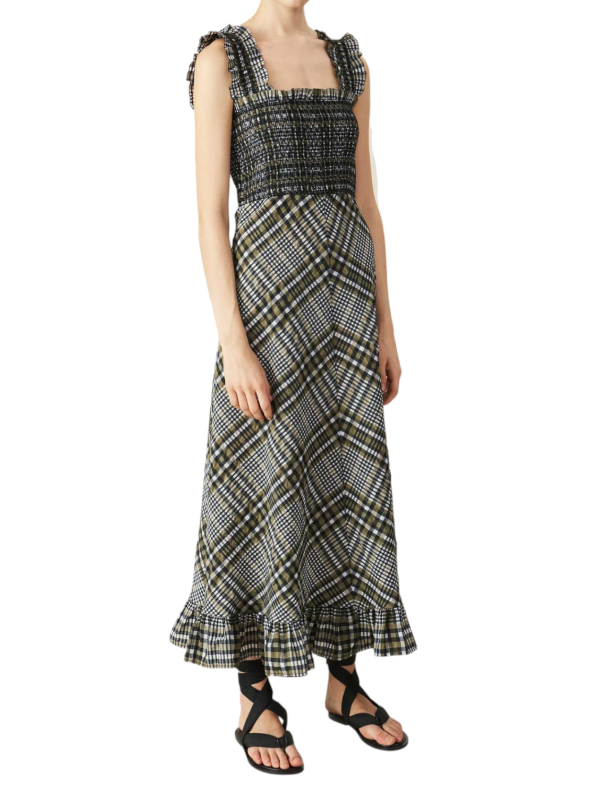 GANNI Seersucker Midi Dress | Sz 38, Gingham/Checkered, Wide Strap, Shirred