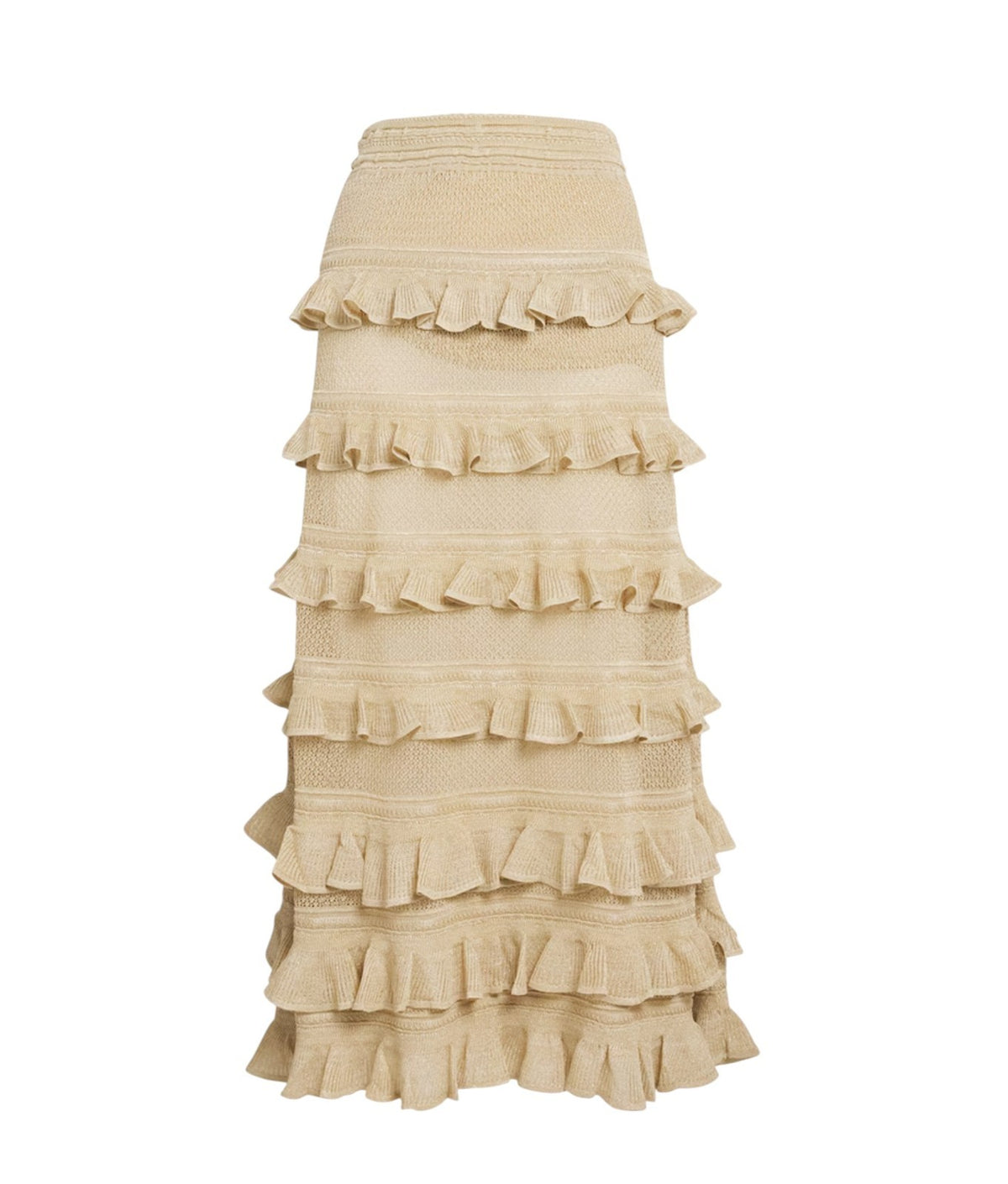 Zimmermann Hypnotic lace Midi Skirt | Midi, Metallic Gold, Tiered, Knit, Ruffle