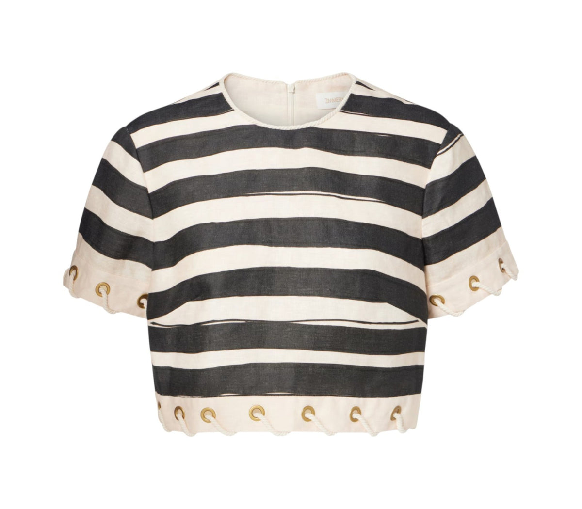 Zimmermann Rebellion Stripe Top | Short Sleeve, Crop, Linen, Rope, Black & White