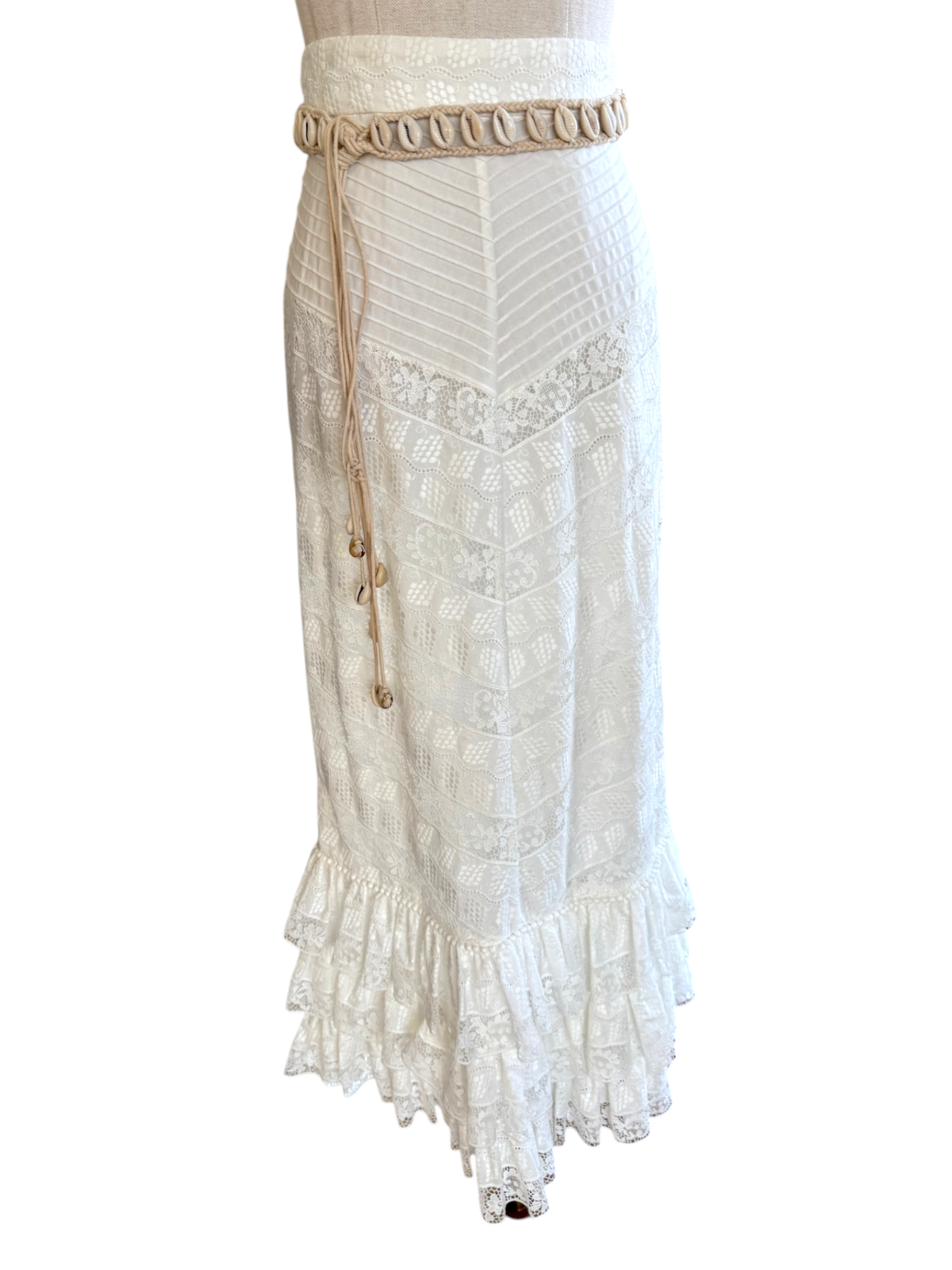 Zimmermann Veneto Perennial Lace Midi Skirt | White, Tiers, Belt, High Waist