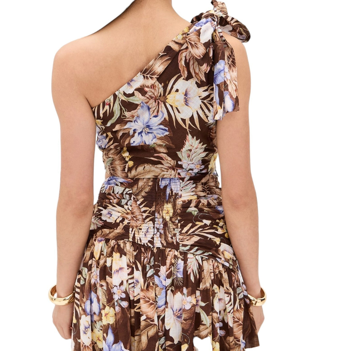 Zimmermann Coco Cropped Bodice Top | Brown Choc Floral, Linen, One Shoulder, Bow