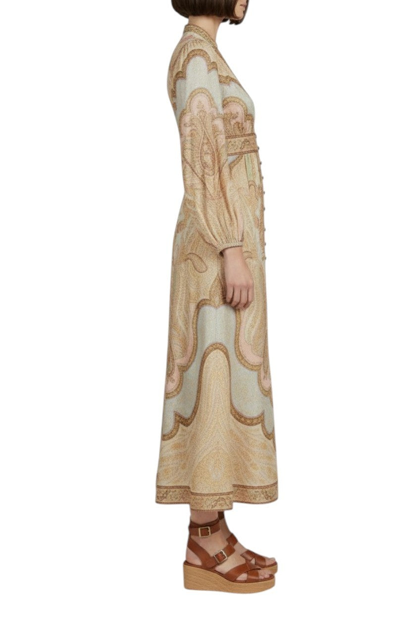 Zimmermann Wanderlust Plunge Midi Dress | Tapestry Print, Puff Sleeves, V Neck