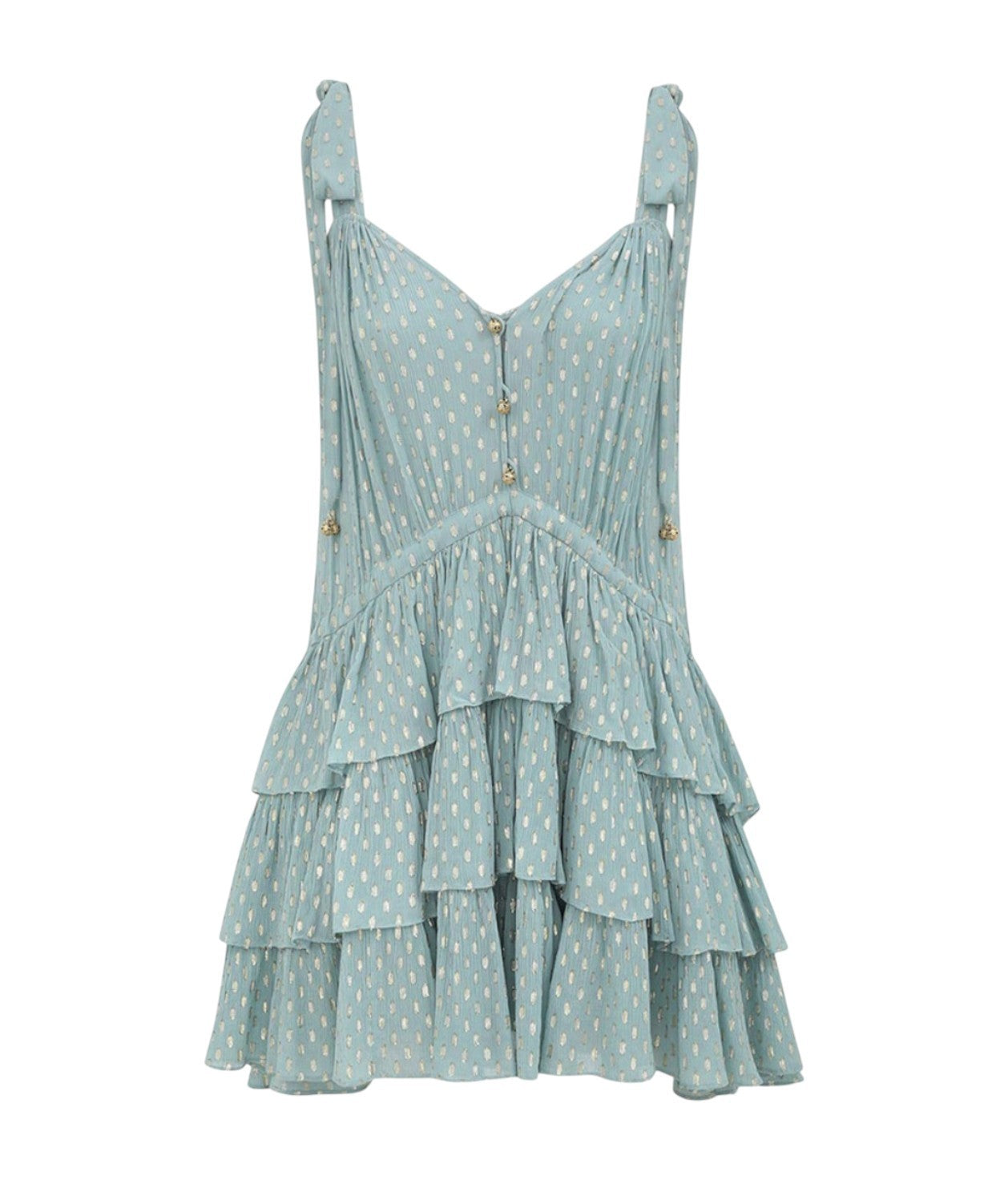 Zimmermann Rhiannon Metallic Frill Mini Dress| Mint,Relaxed, Tie Shoulder, Lurex