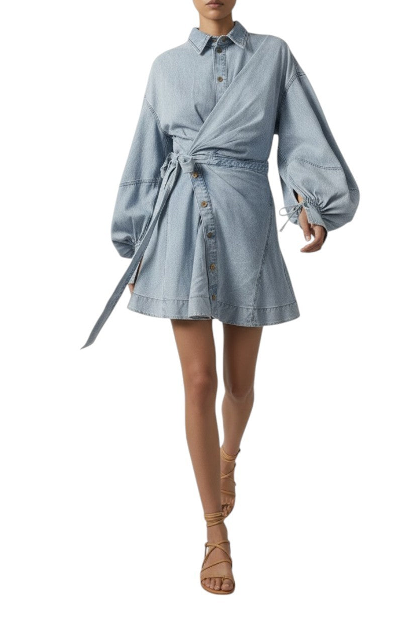 Zimmermann Rebellion Denim Wrap Mini | Light Blue, Puff Sleeves, Collar, Buttons