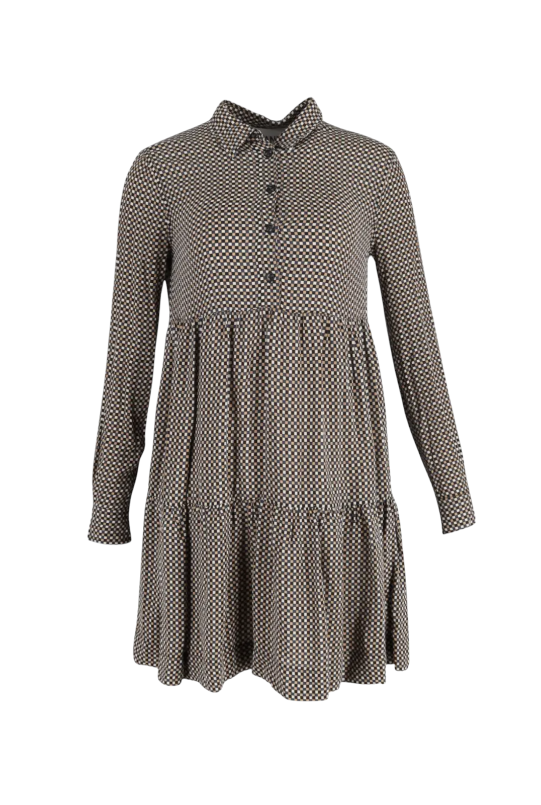 GANNI Relaxed Shift Mini Dress | Checkered, Collar, Button Placket, Cuffs, Flare