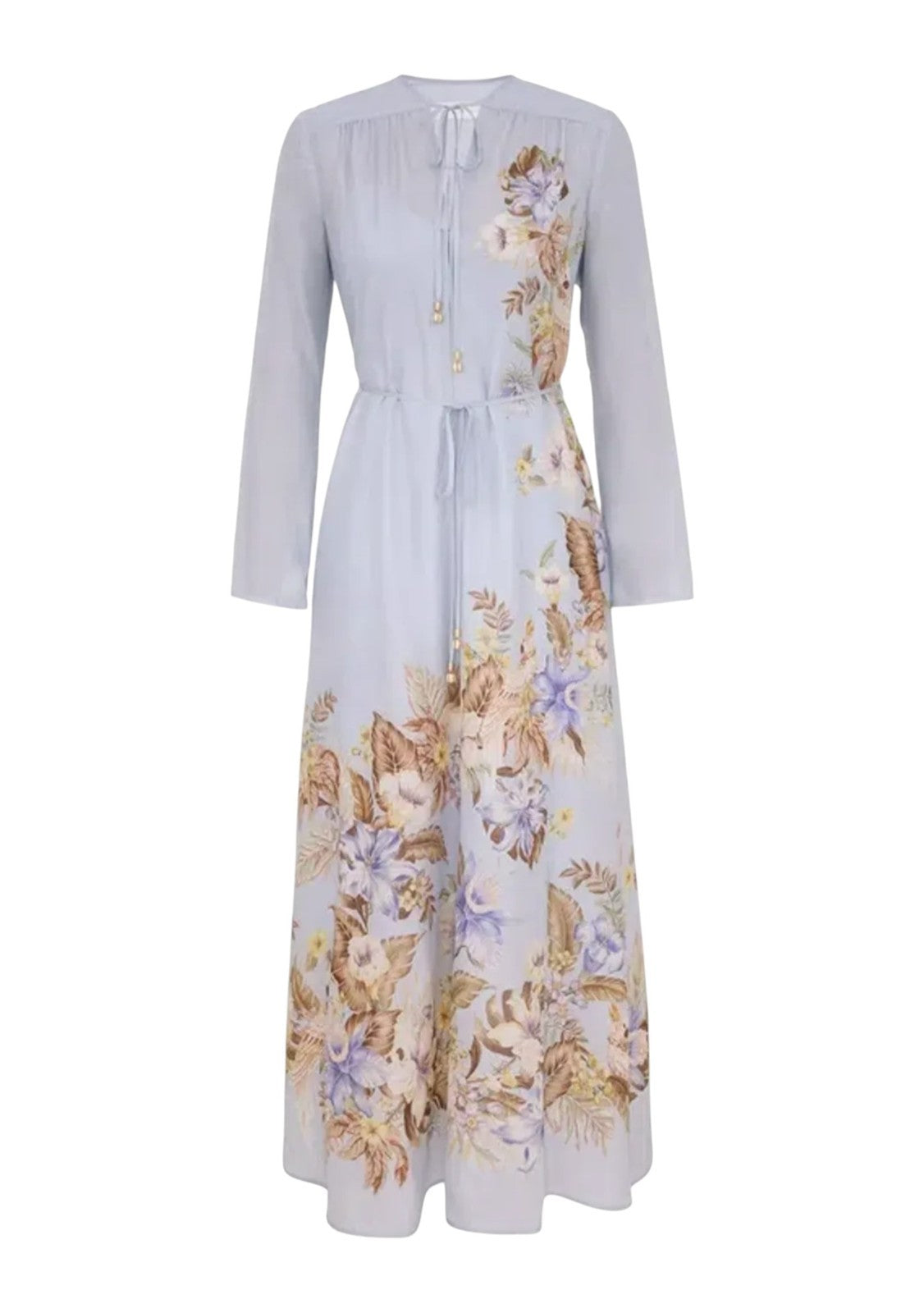 Zimmermann Coco Billow Maxi Dress | Baby Blue Floral, 100%b Silk, Long Sleeve