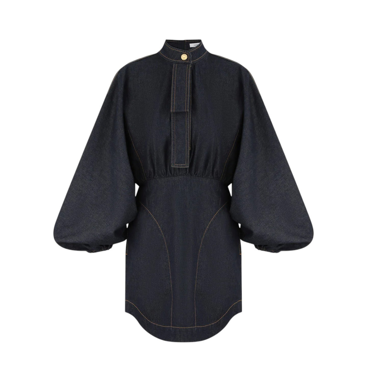 Zimmermann Denim Gathered Mini Dress| Dark Navy Blue, Puff Sleeves, Button Up