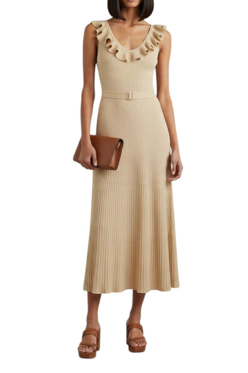 Zimmermann Awaken Metallic Midi Dress| Gold/Beige, Knitted, Midi, Belted, Lurex