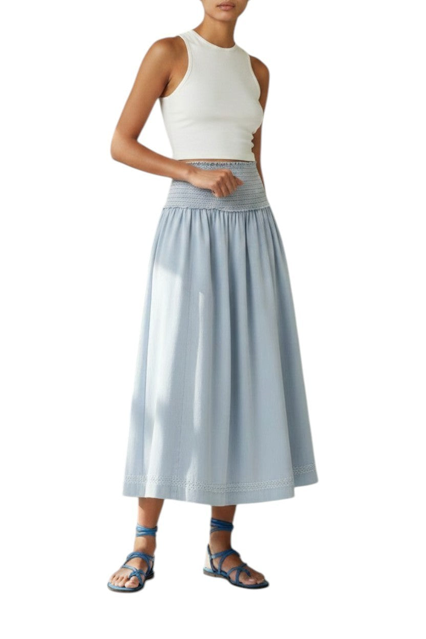 Zimmermann Ascension Shirred Denim Midi Skirt | Light Blue, Stretch, High Waist