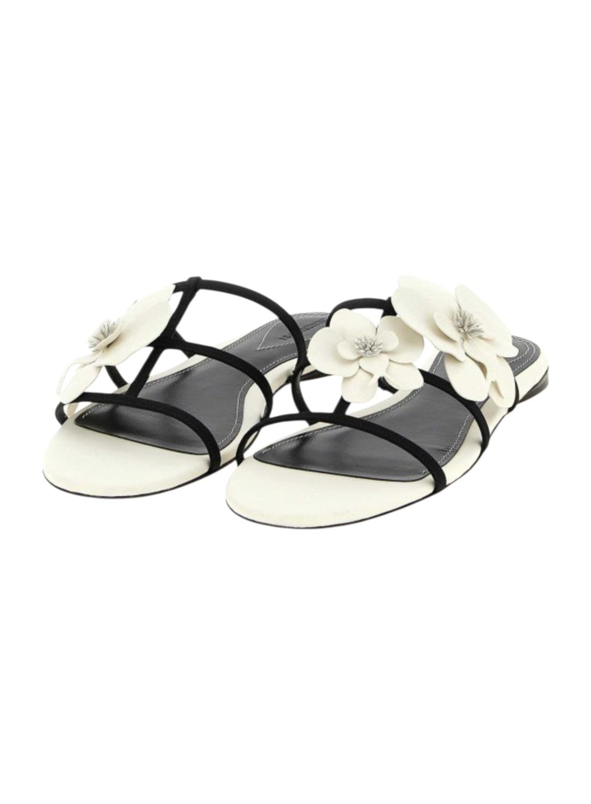 Zimmermann Orchid Slide Sandal | White/Black, Flats, Flower Applique, Leather