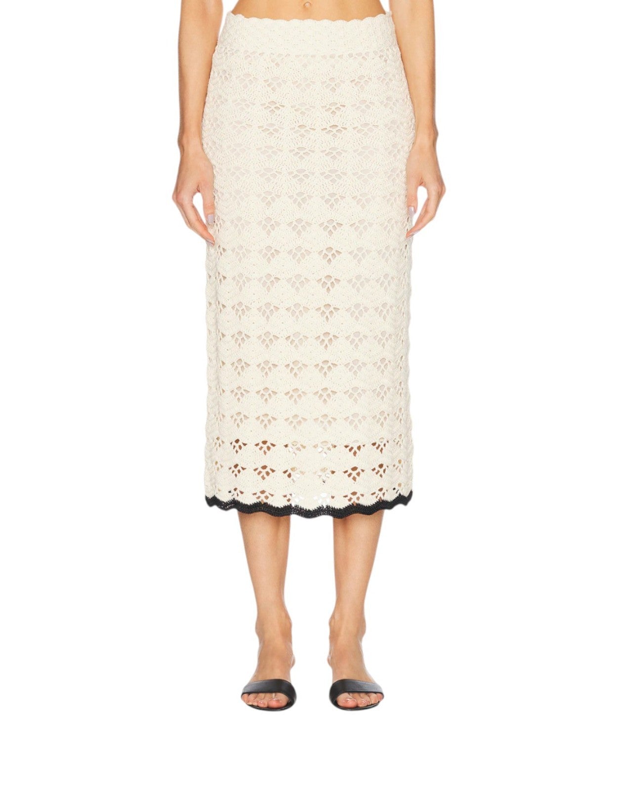 Zimmermann Rhiannon Crochet Midi Skirt |Cream/Black Trim, Stretch, Elastic Waist