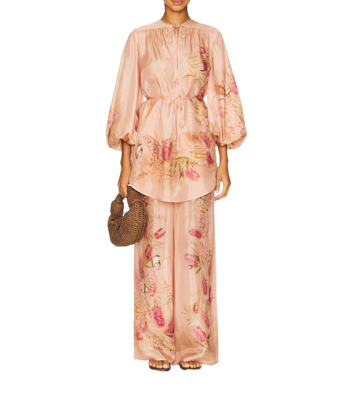 Zimmermann Cascadian Relaxed Wide Leg Pants | Pink Floral, 100% Silk, Drawstring