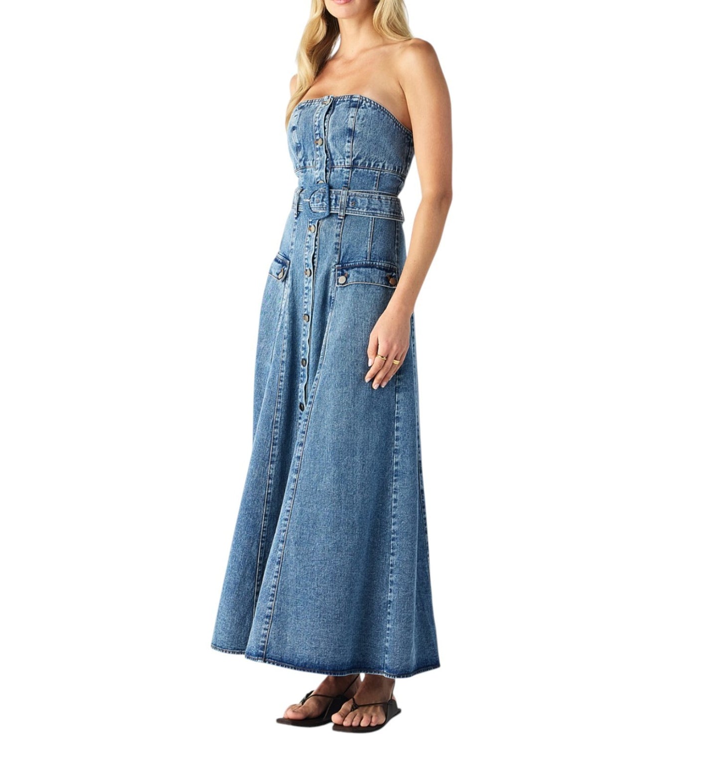 Mos The Label Aveline Denim Midi Dress | Strapless, Sz 8, Belt, Buttons
