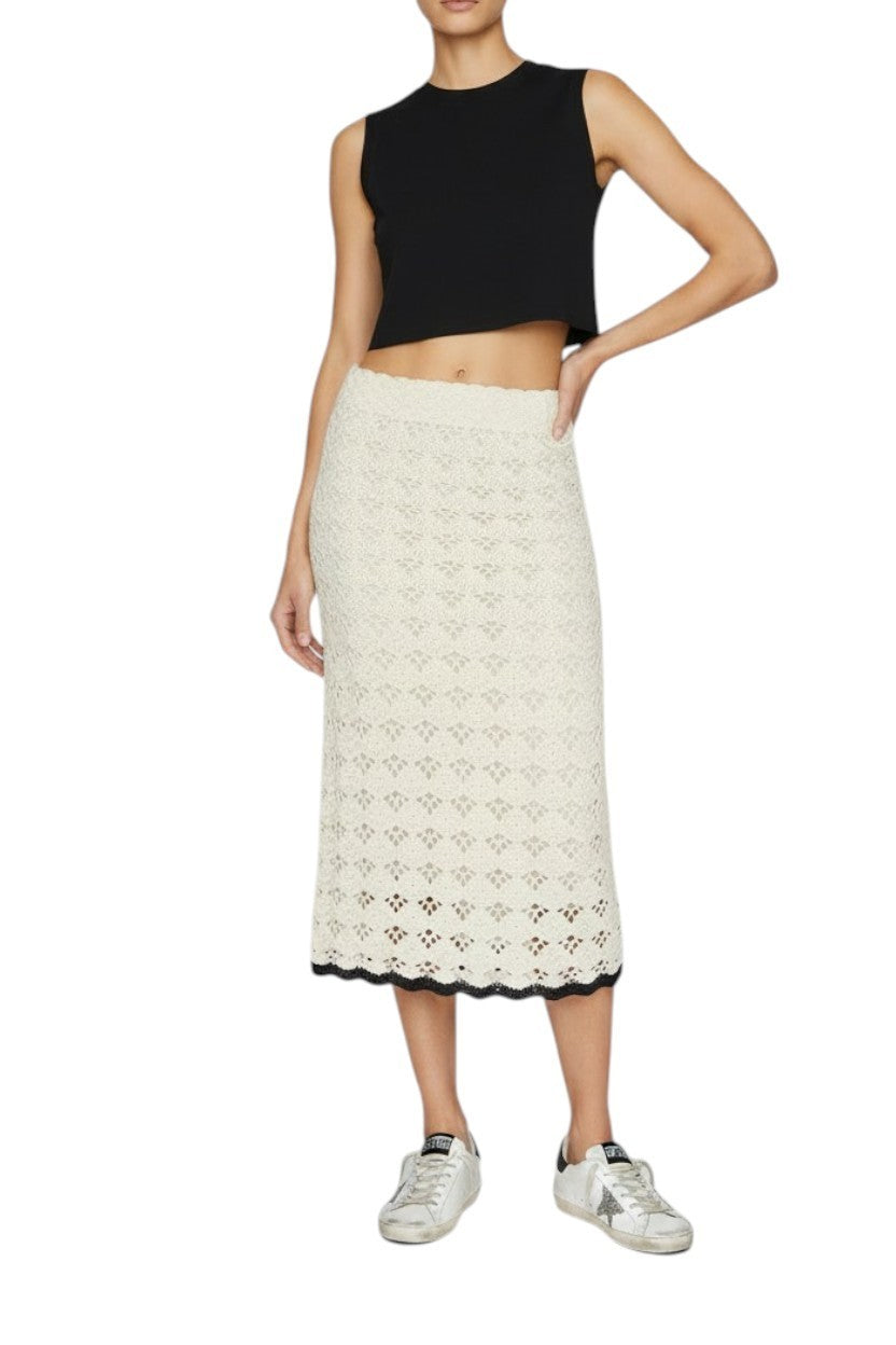 Zimmermann Rhiannon Crochet Midi Skirt |Cream/Black Trim, Stretch, Elastic Waist