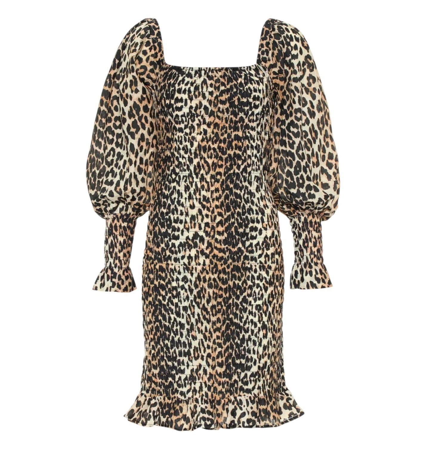 GANNI Leopard Print Mini Dress | Sz 34, Shirred,  Puff Long Sleeves, Silk/Cotton