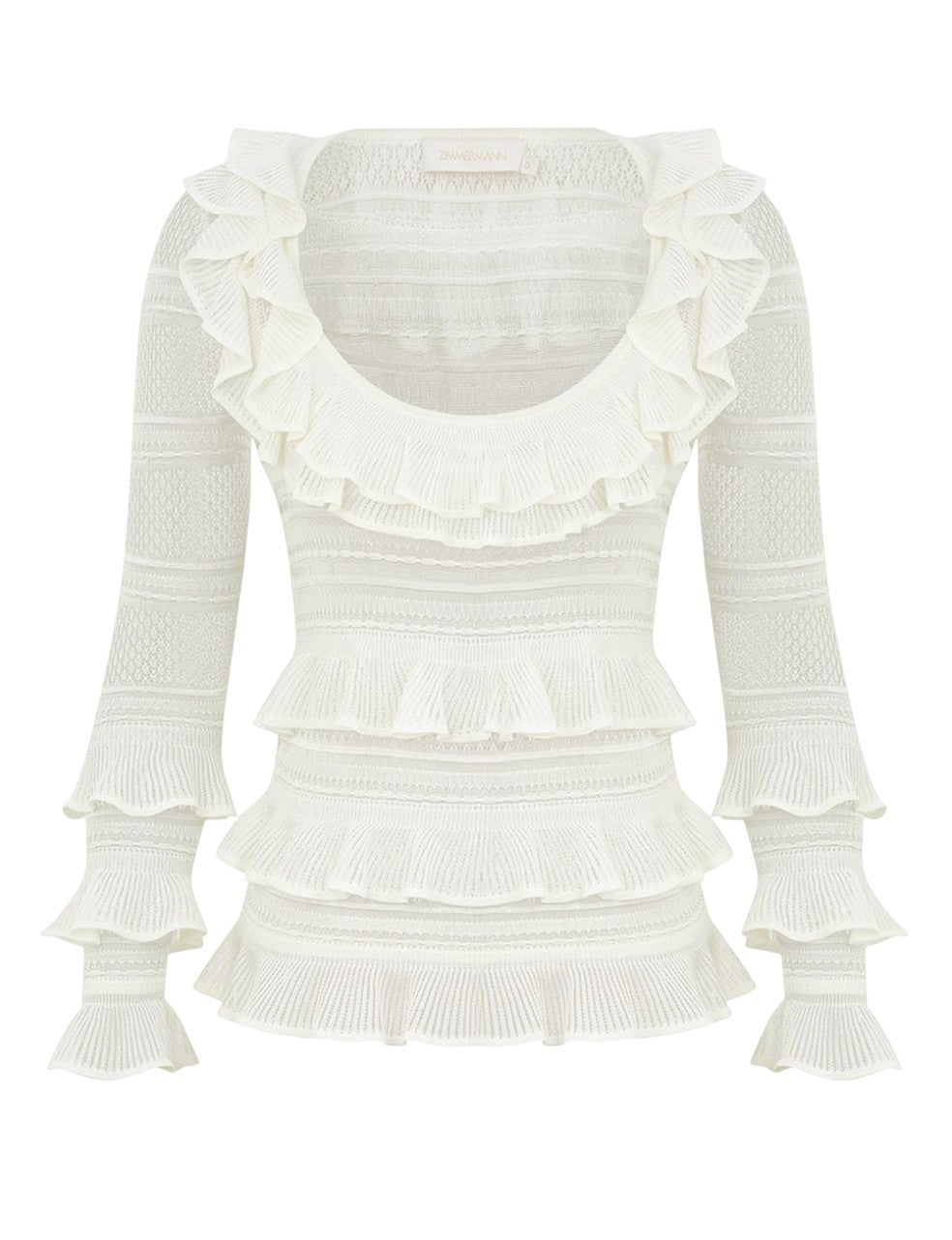 Zimmermann Illuminate  Lace Frilled Top |  White, Long Sleeves, Sheer, Ruffles
