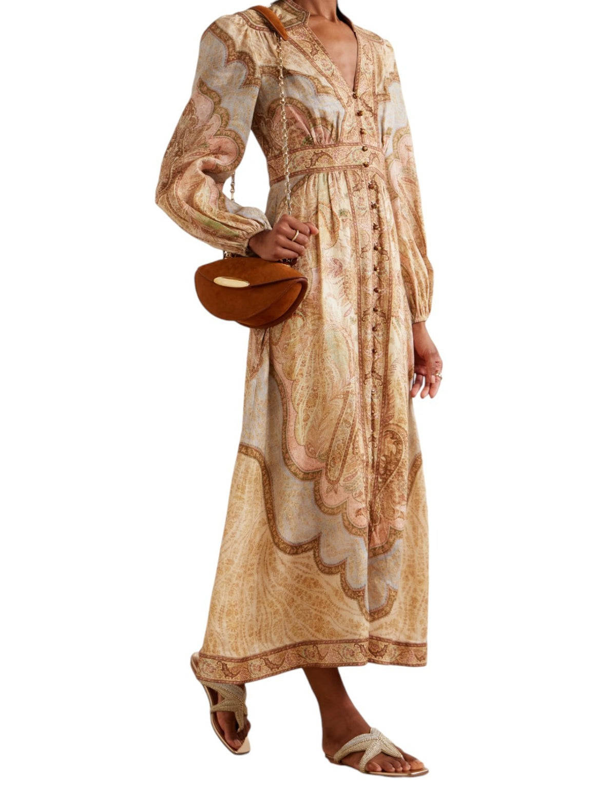 Zimmermann Wanderlust Plunge Midi Dress | Tapestry Print, Puff Sleeves, V Neck
