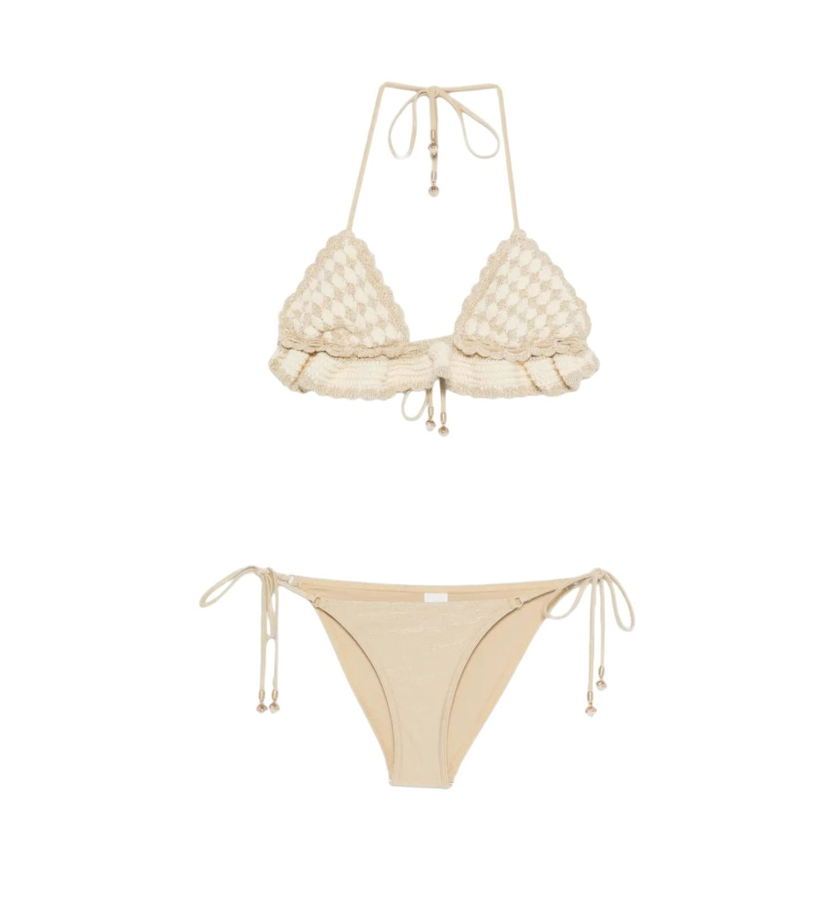 Zimmermann Wanderlust Crochet Tri Bikini |Hand-made, Metallic Gold/Cream, Ruffle