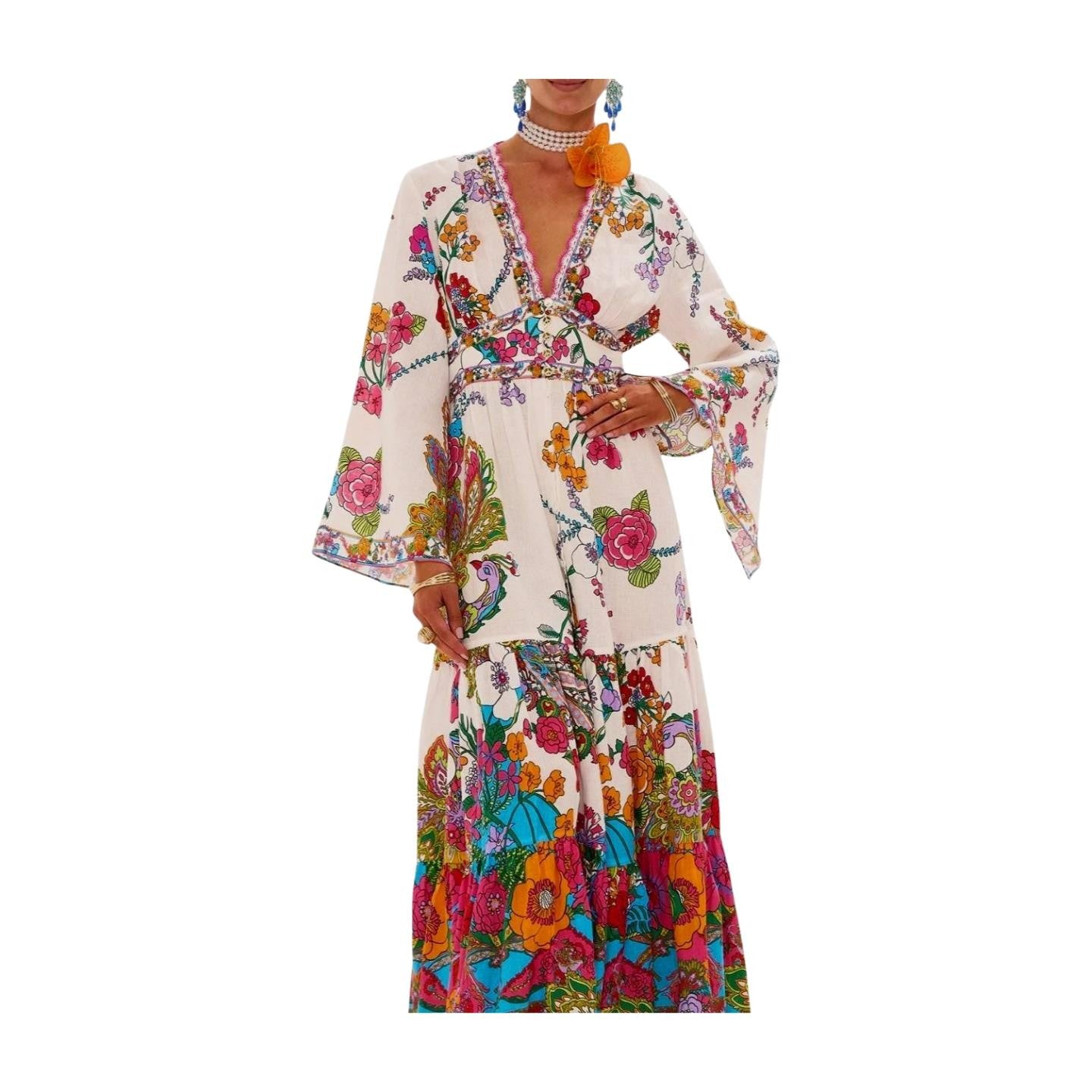Camilla Dress w/ tiered skirt | Cosmic Prairie Floral, Maxi, White, Hand Made