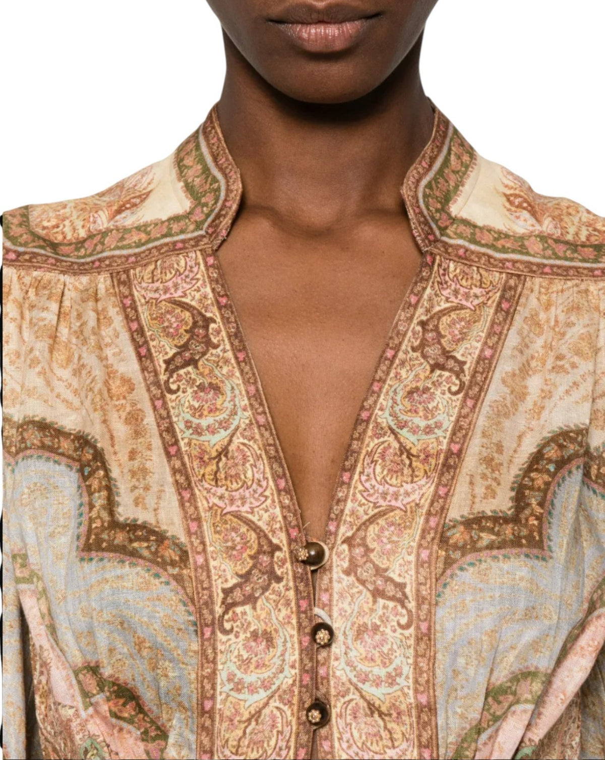 Zimmermann Wanderlust Plunge Midi Dress | Tapestry Print, Puff Sleeves, V Neck