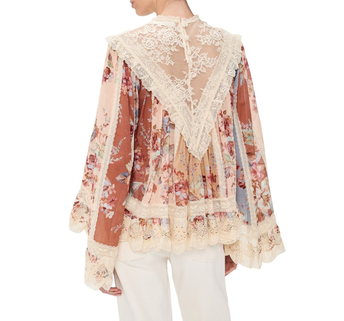 Zimmermann Awaken Lace Trim Blouse | Spliced Floral | Relaxed, Flutter Sleeve