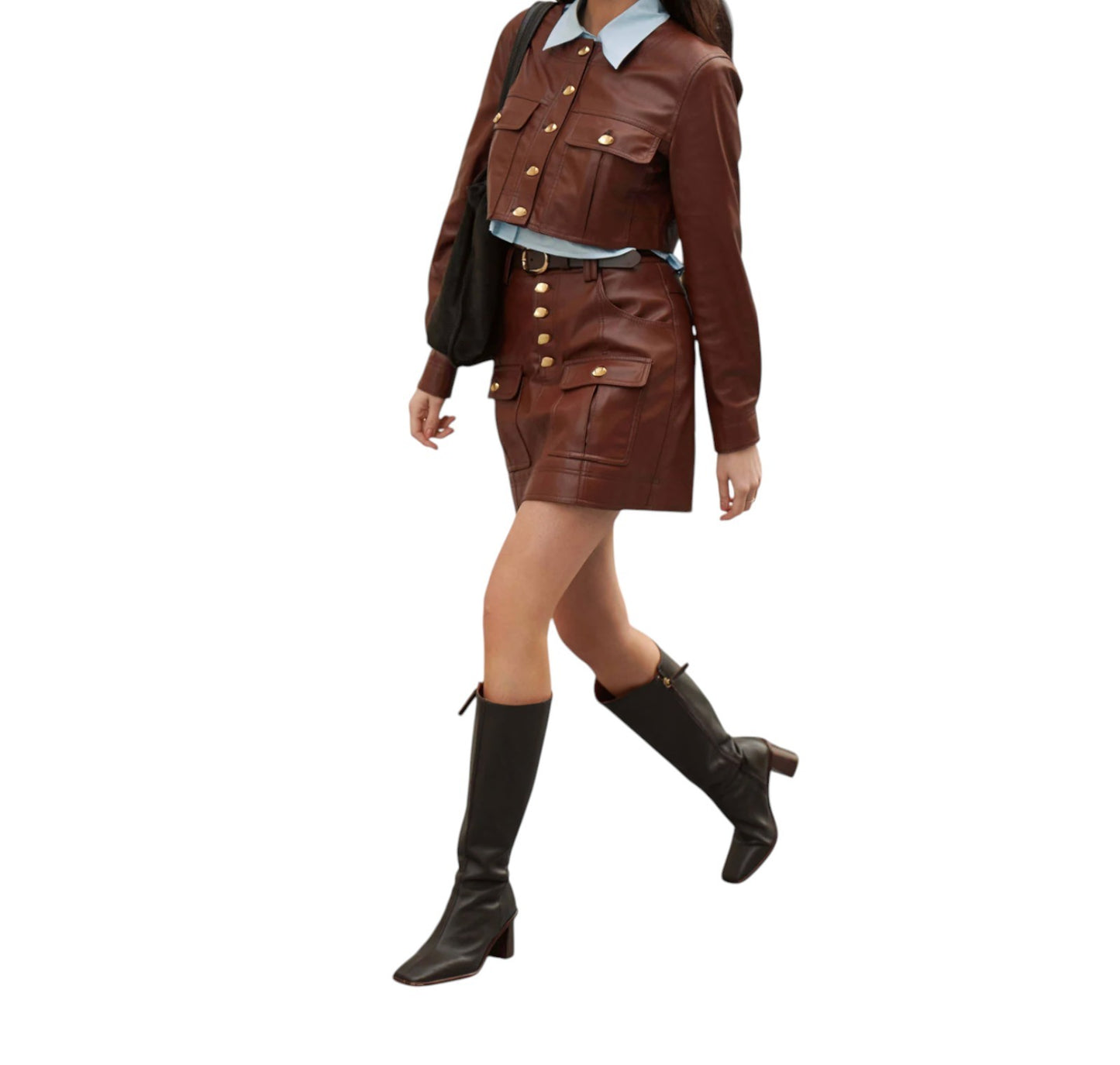 Aje. Sarina Mini Skirt | Sz 10, Vegan Leather, Toffee Brown/Tan, Gold Buttons