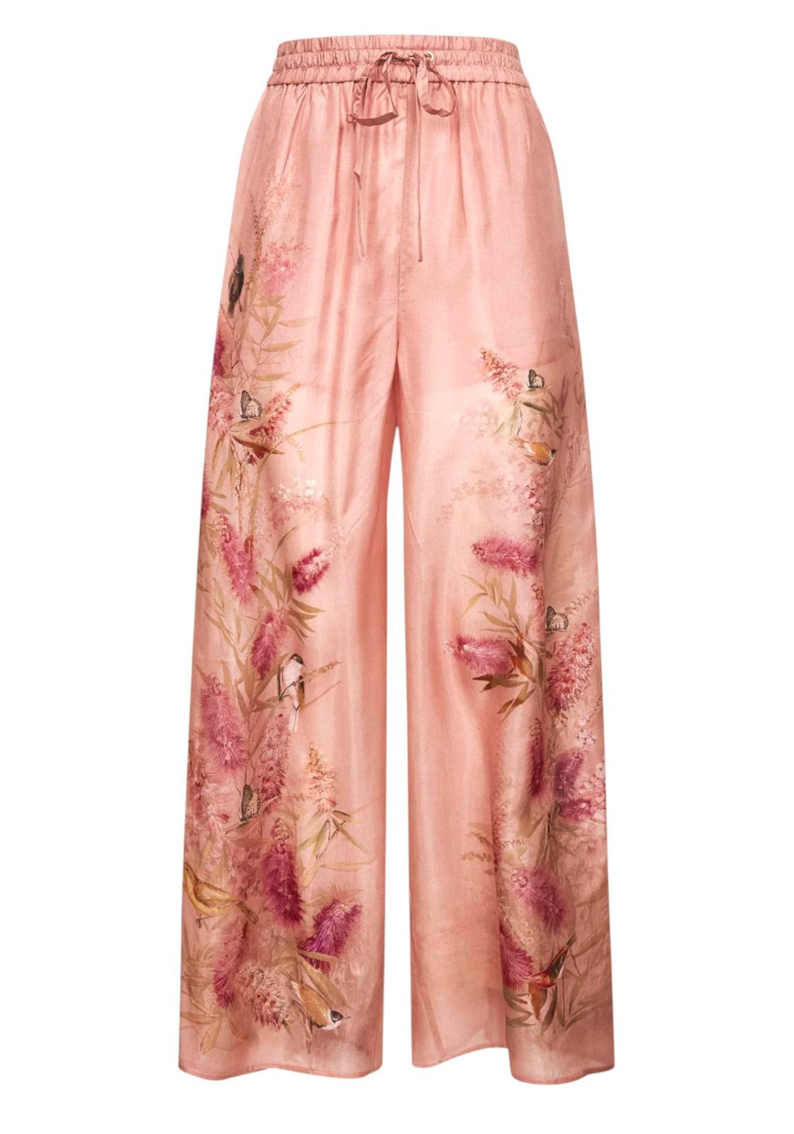 Zimmermann Cascadian Relaxed Wide Leg Pants | Pink Floral, 100% Silk, Drawstring