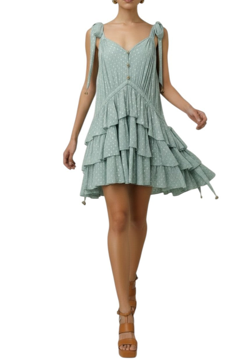 Zimmermann Rhiannon Metallic Frill Mini Dress| Mint,Relaxed, Tie Shoulder, Lurex