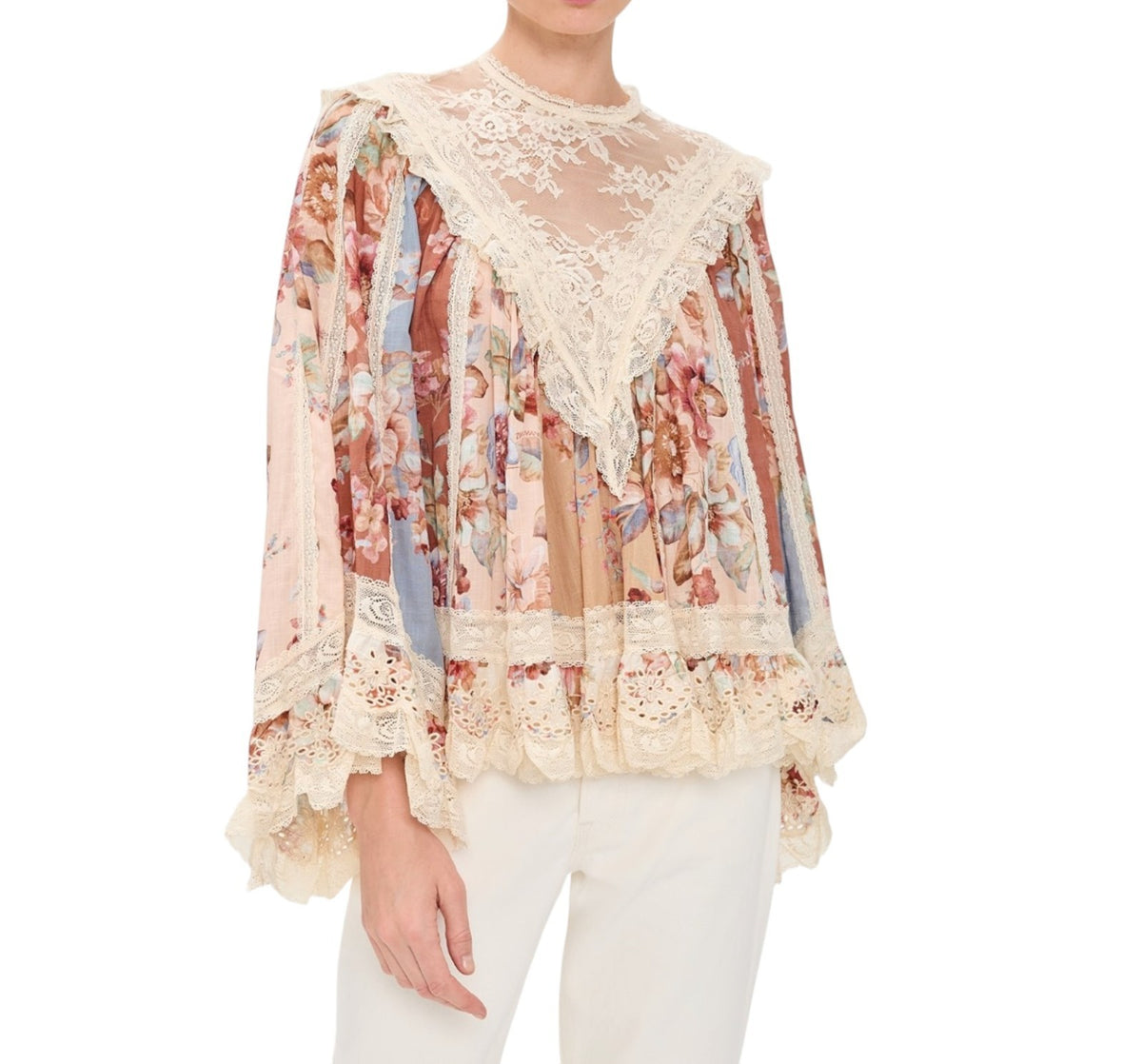 Zimmermann Awaken Lace Trim Blouse | Spliced Floral | Relaxed, Flutter Sleeve