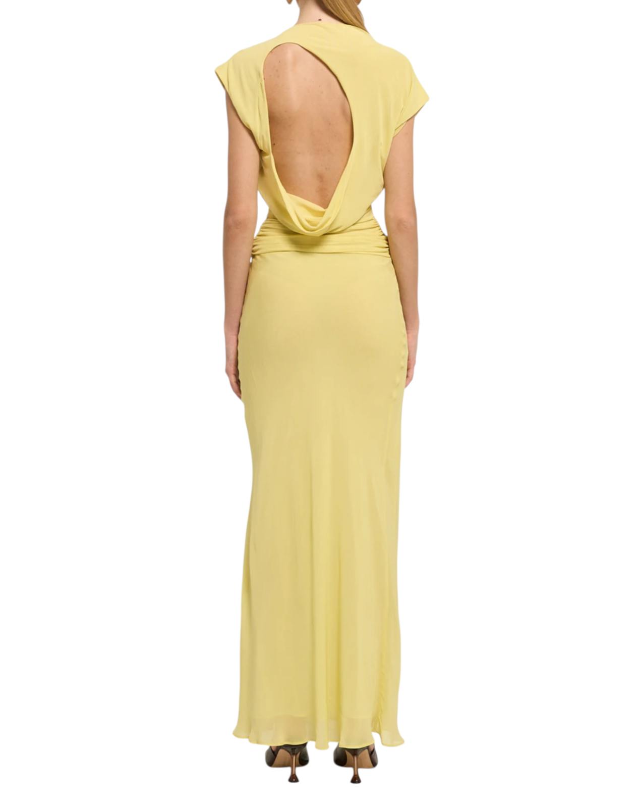 BEC + BRIDGE Jehnaya Asymmetric Maxi Dress | Sz 8, Yellow, Mesh, Cowl, Backless