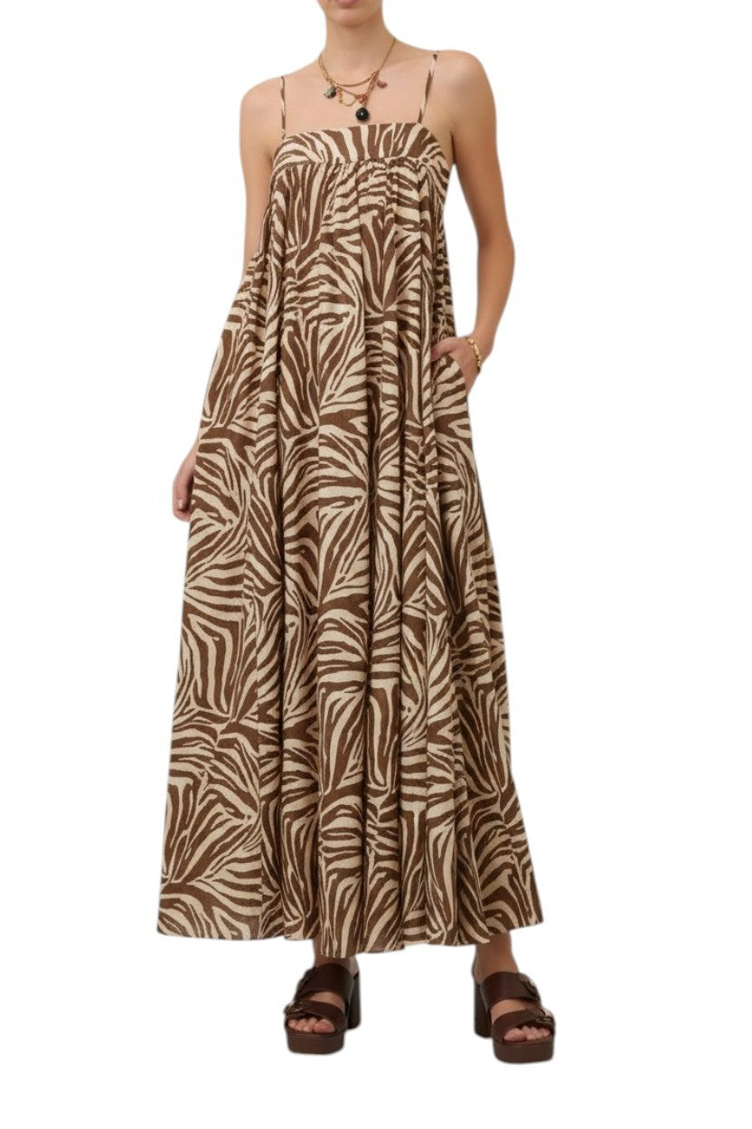 Zimmermann Wanderlust Maxi Dress | Zebra Print, Cotton, Spaghetti Straps, Summer