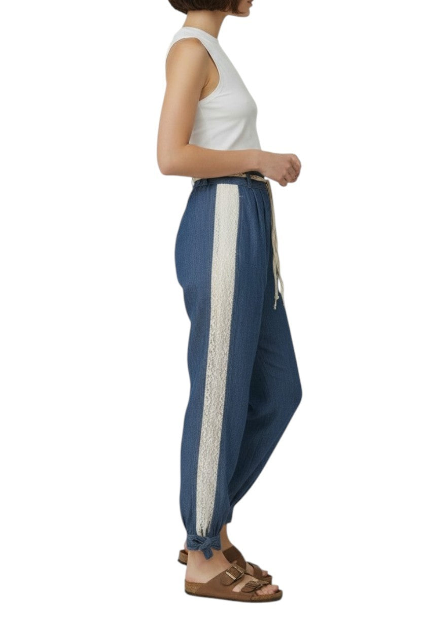 Zimmermann Awaken Denim Harem Pant | Lace Trim, Blue, Elastic Waist, Ankle Tie