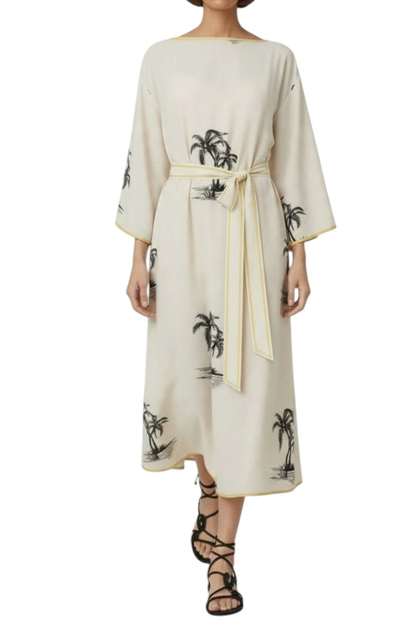 Zimmermann Tunic Midi Dress | Cream/Black Palm Print, Silk, Belt, Kimono, Slip