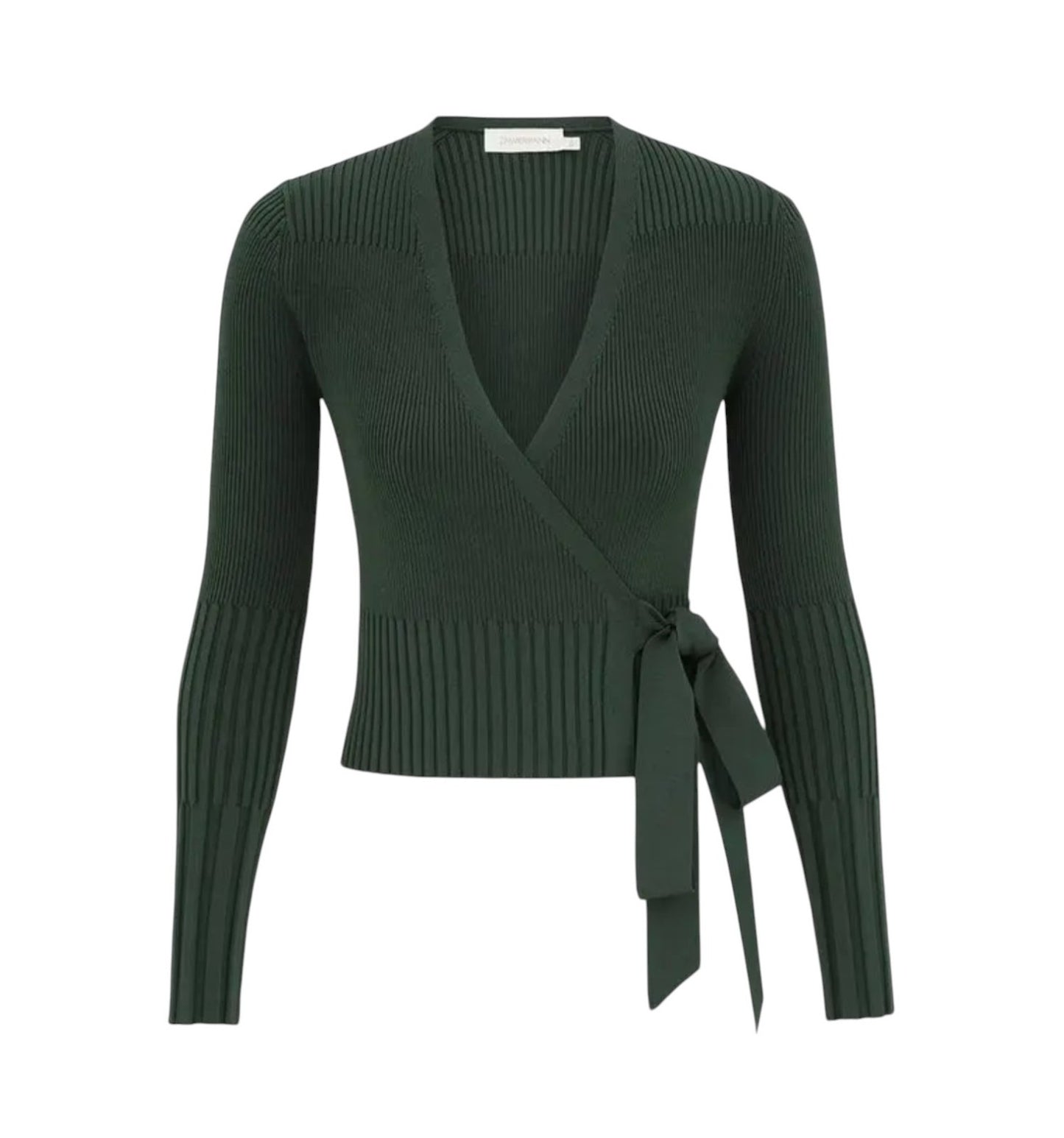 Zimmermann Ribbed Wrap Cardigan |Dark Green, Crop, Tie Close, V Neck