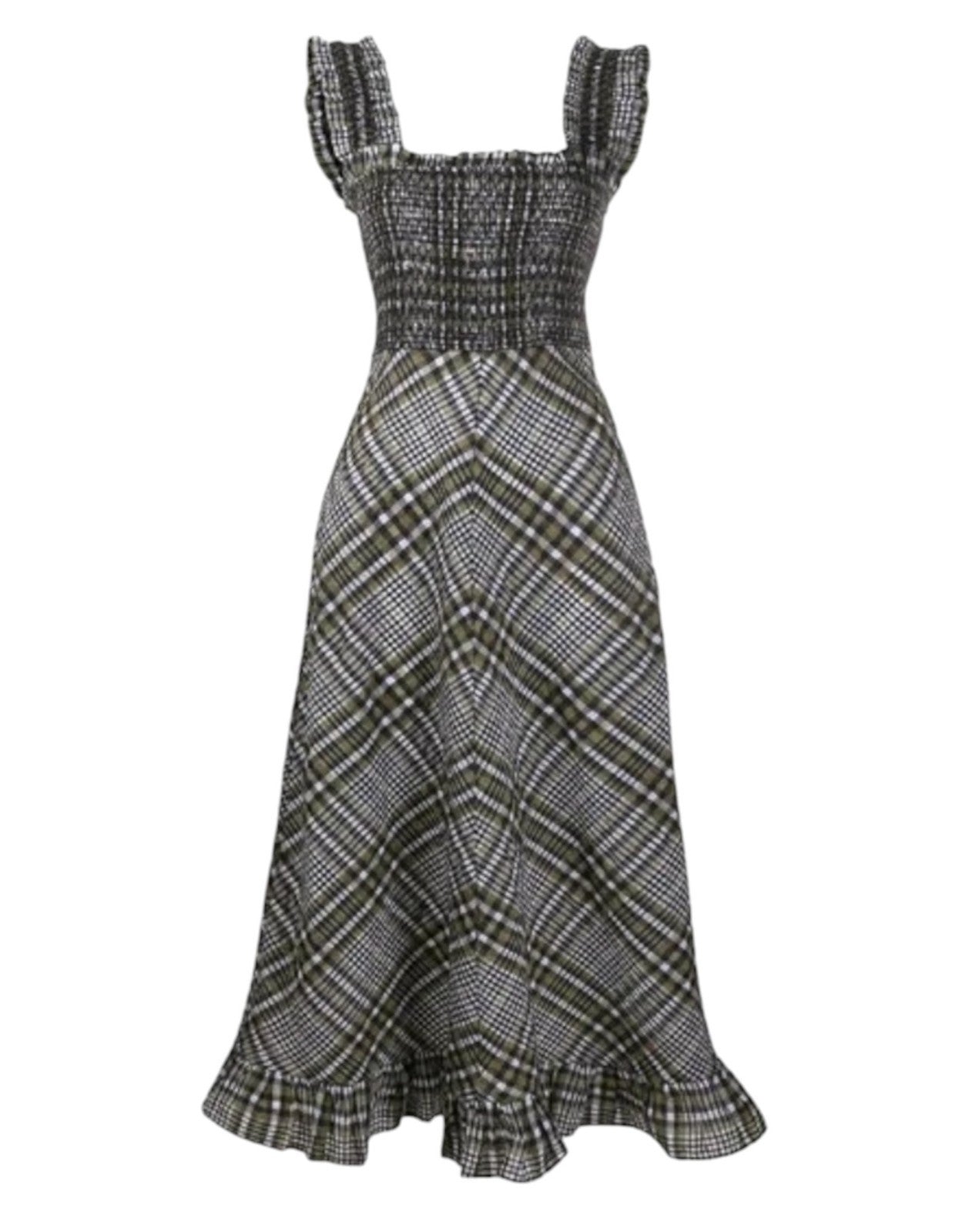 GANNI Seersucker Midi Dress | Sz 38, Gingham/Checkered, Wide Strap, Shirred