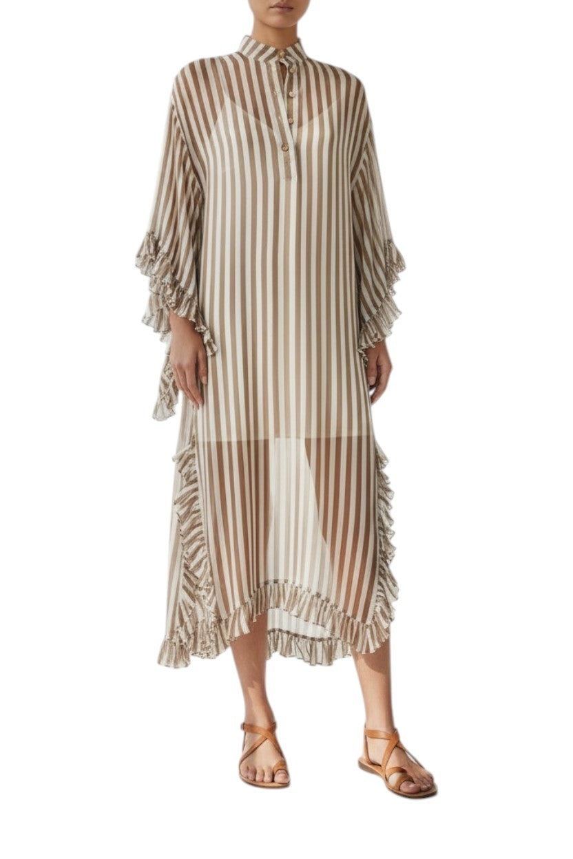 Zimmermann Balance Ruffle Tunic Dress | Khaki /White Stripe, Kaftan, Sheer