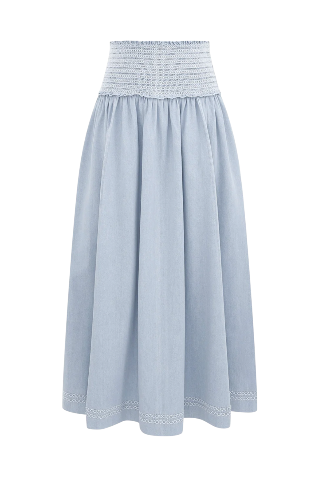 Zimmermann Ascension Shirred Denim Midi Skirt | Light Blue, Stretch, High Waist