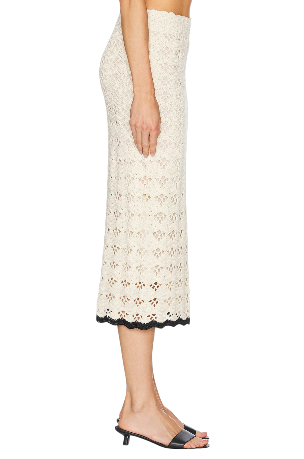 Zimmermann Rhiannon Crochet Midi Skirt |Cream/Black Trim, Stretch, Elastic Waist