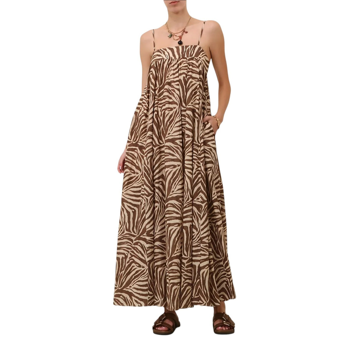Zimmermann Wanderlust Maxi Dress | Zebra Print, Cotton, Spaghetti Straps, Summer