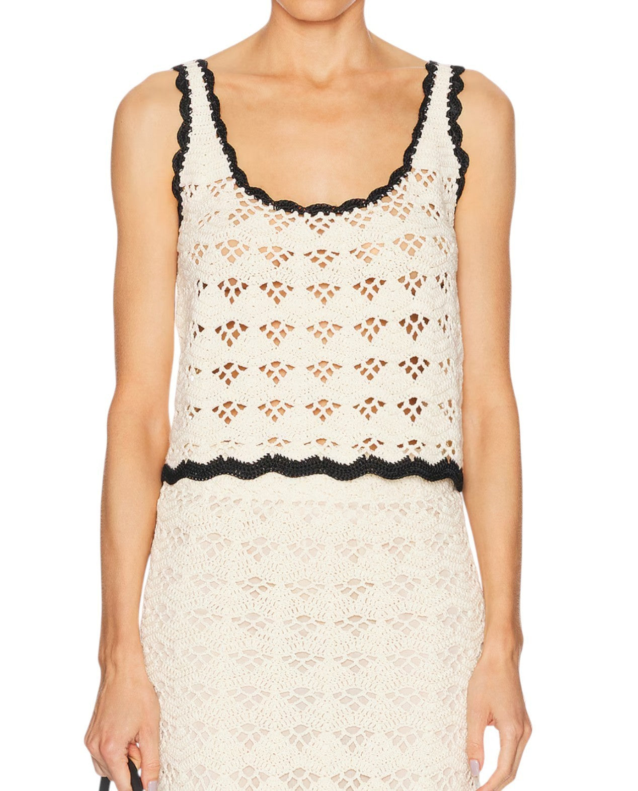 Zimmermann Rhiannon Crochet Tank Top | Cream/Black Trim, Cropped, Cotton Singlet