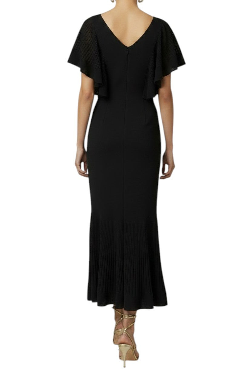 Zimmermann Pleated Frill Maxi Dress|Black, Knitted, Midi, Flutter Sleeve, V Neck
