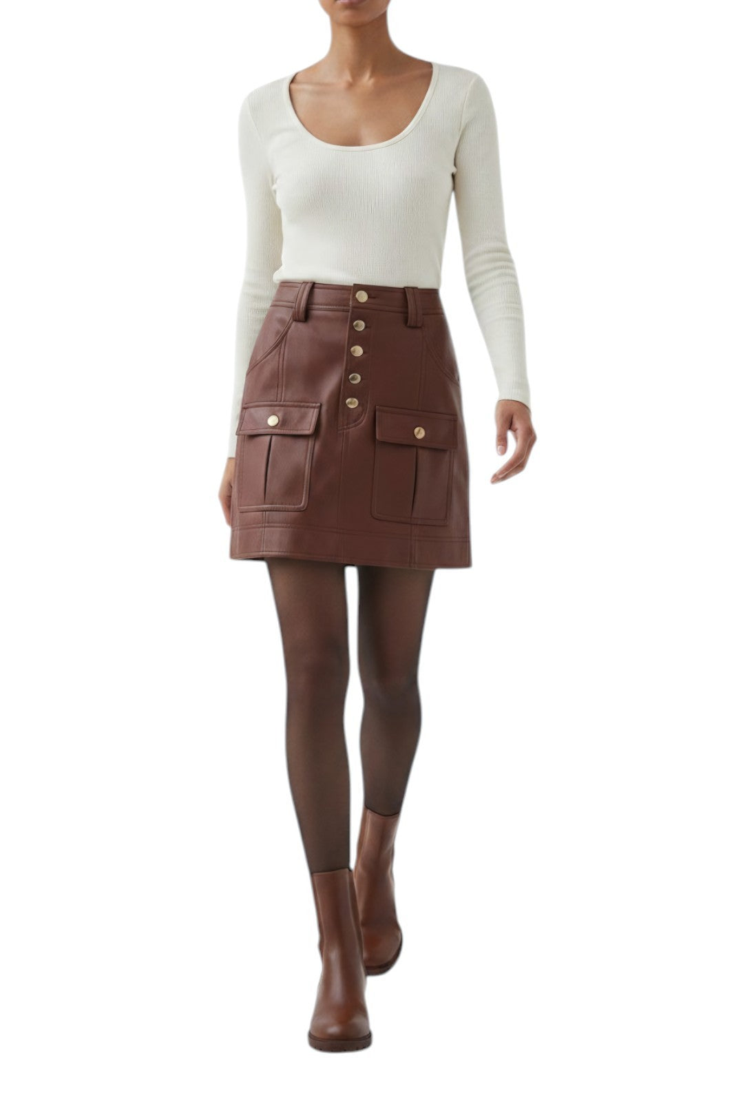 Aje. Sarina Mini Skirt | Sz 10, Vegan Leather, Toffee Brown/Tan, Gold Buttons